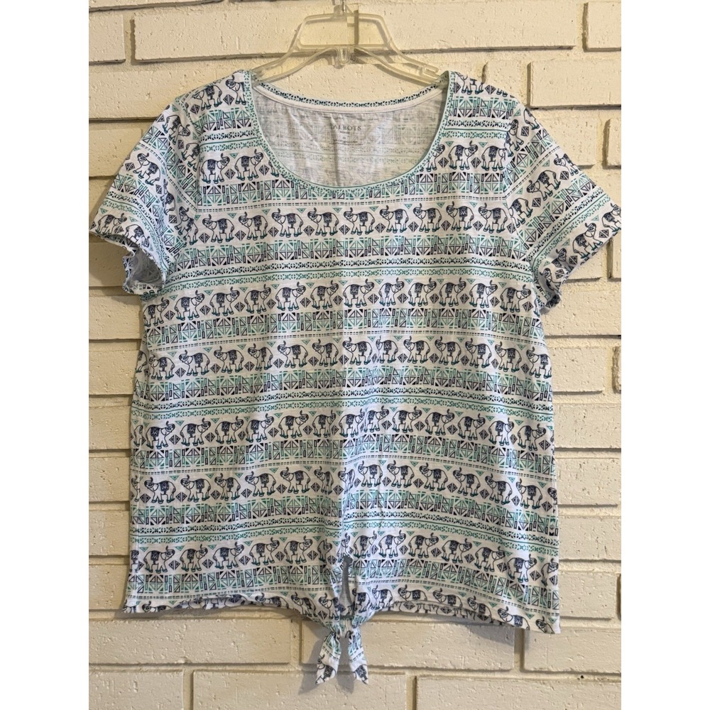 Talbots‎ Blouse Pullover Tee Shirt Tie Waist  Elephants Blue size 1X Cotton